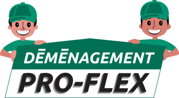 Deux hommes tiennent une pancarte sur laquelle est écrit « déménagement pro-flex »