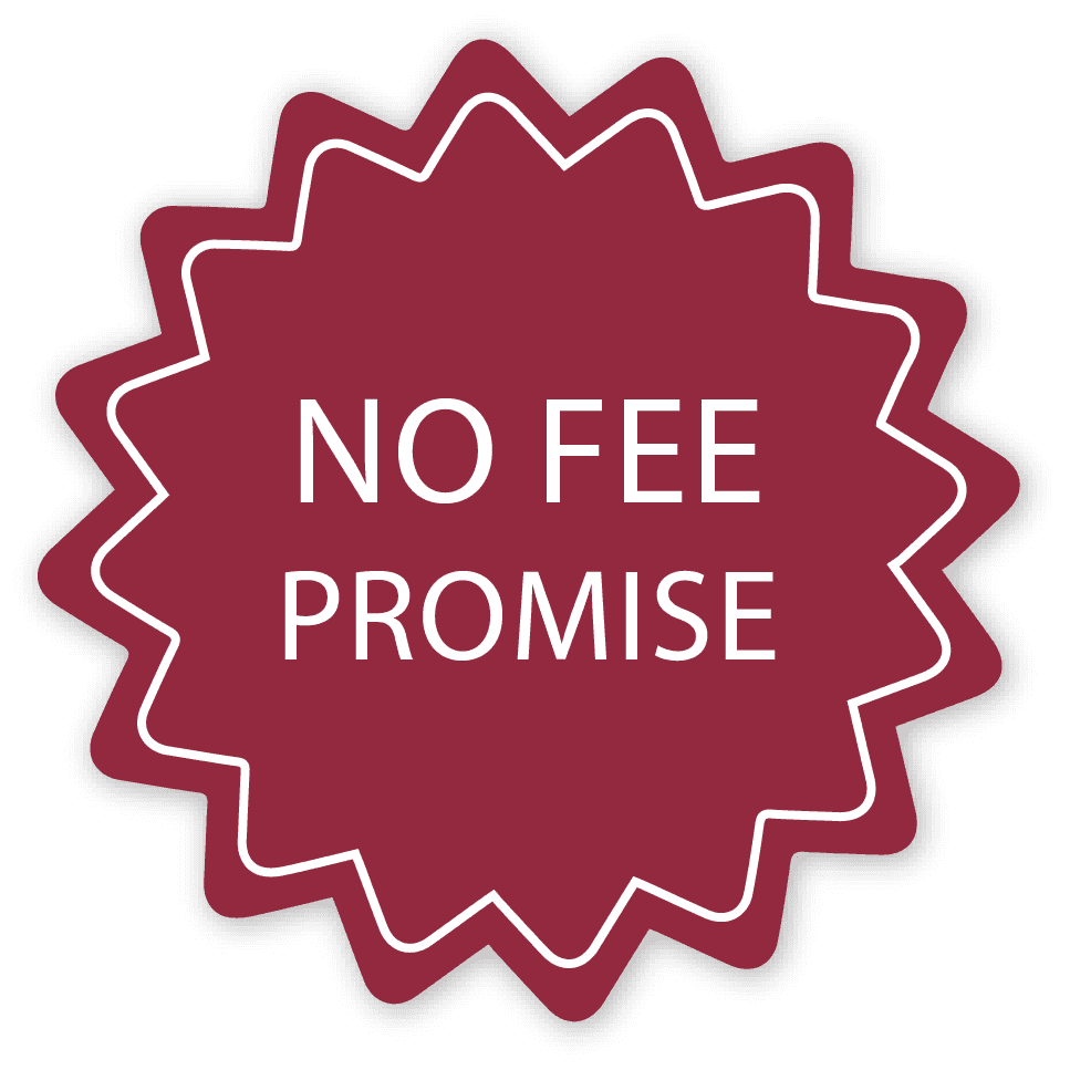 A red sticker that says no fee promise