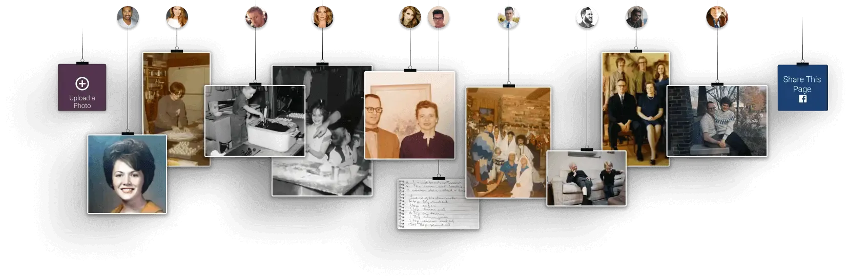 A horizontal display of assorted vintage photographs and a small white note hanging from a line against a white background.
