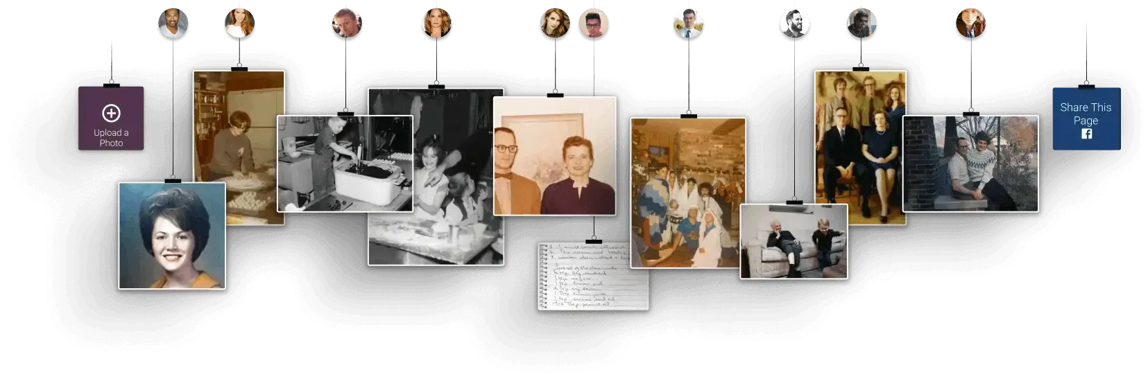 A horizontal display of assorted vintage photographs and a small white note hanging from a line against a white background.