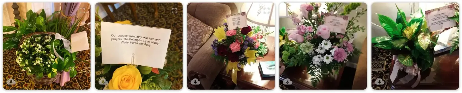 A five-panel collage showing various floral arrangements and a handwritten note tucked into a bouquet.