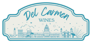 Logo for Del Carmen Wines featuring a teal line-drawing of the Havana skyline against a light background.