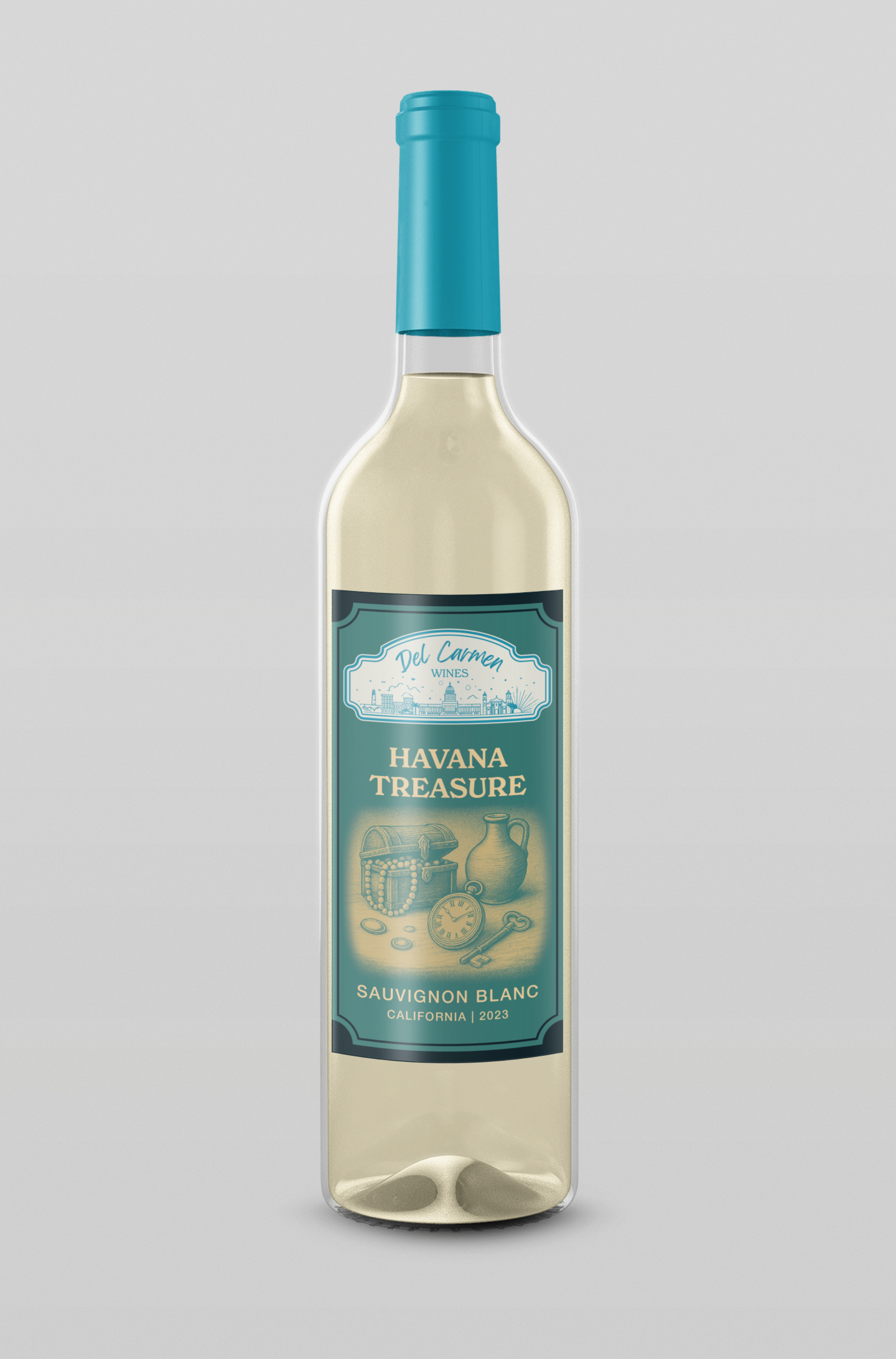 A bottle of white wine with a teal label featuring an illustration of grapes and a teal foil capsule.