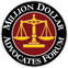 The logo for the million dollar associates is a scale of justice in a circle.