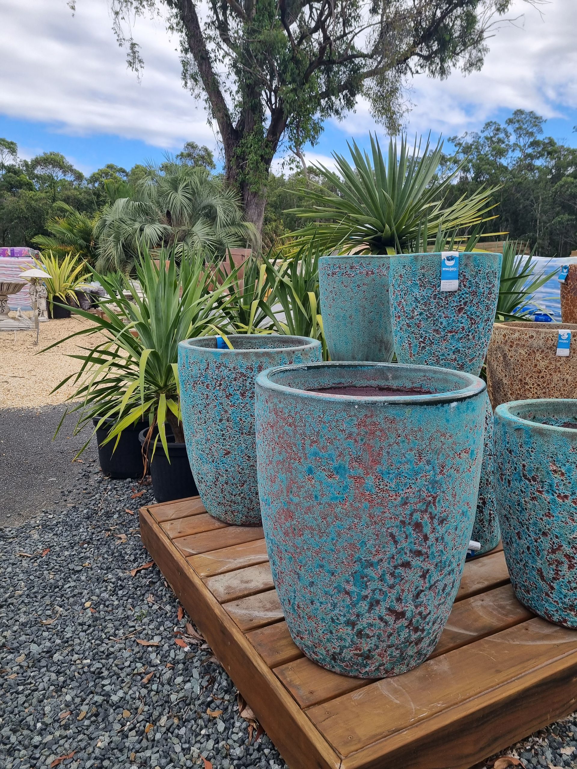 Blue speckled planters on a wooden display with plants and trees in the background - Palms Landscape Supplies in Forster, NSW