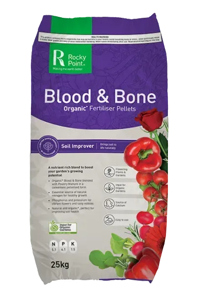 Bag of Rocky Point Blood & Bone organic fertiliser pellets - Palms Landscape Supplies in Forster, NSW