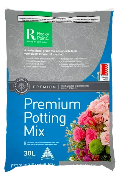 Blue bag of Rocky Point Premium Potting Mix - Palms Landscape Supplies in Forster, NSW