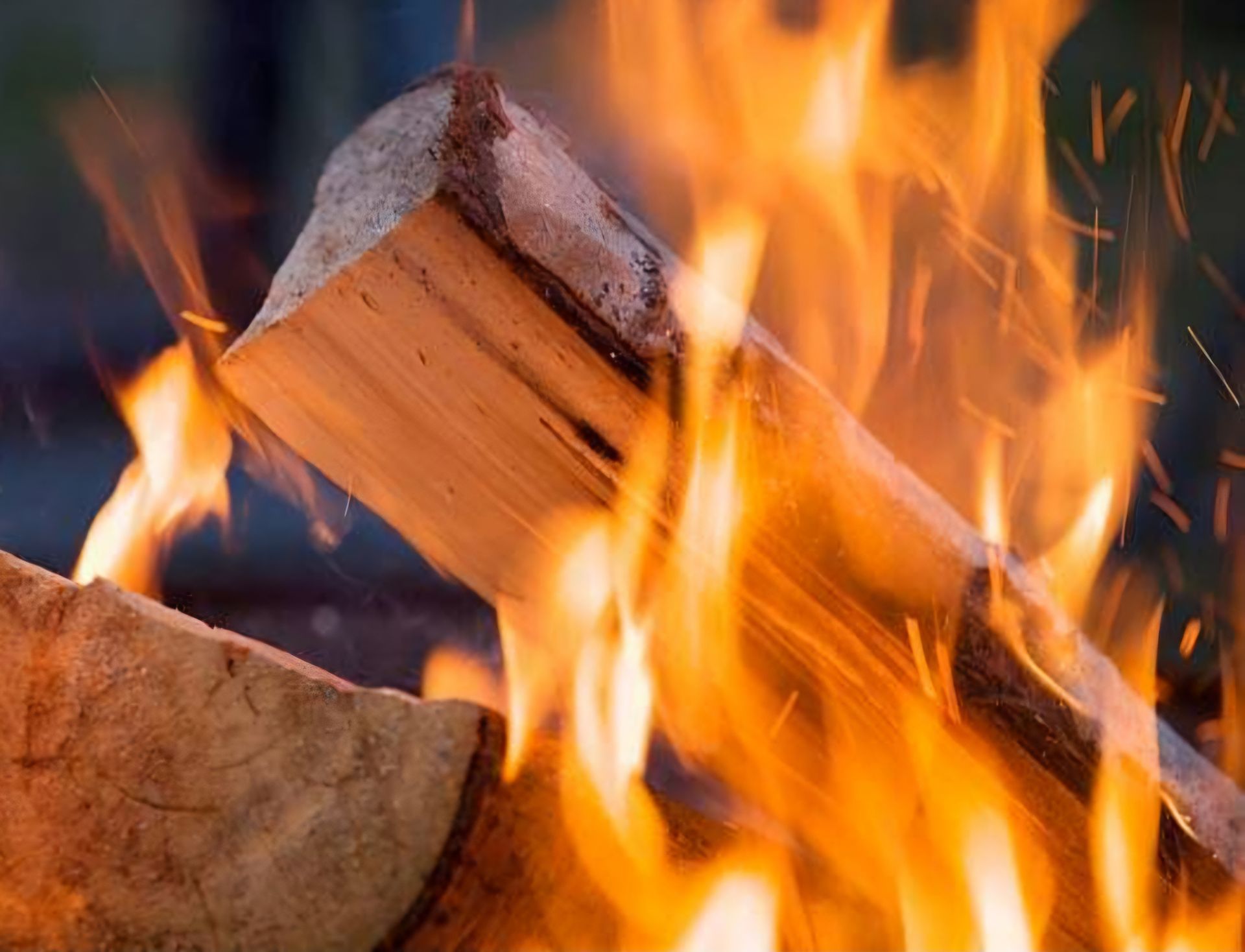 Close-up of burning firewood, with orange flames engulfing the wood in a warm, outdoor setting - Palms Landscape Supplies in Forster, NSW