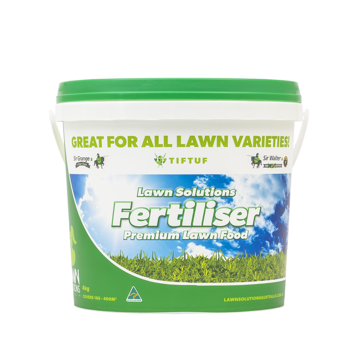 White and green bucket of lawn fertiliser; 