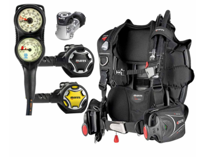 Scuba diving equipment set. Includes gauges, regulator, and BCD with integrated weight pockets.