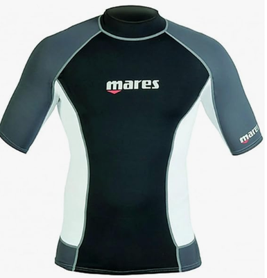 Black and gray Mares rash guard shirt with short sleeves and white side panels.