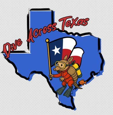 Armadillo in diving gear holding a Texas flag, diving across a blue Texas map. 