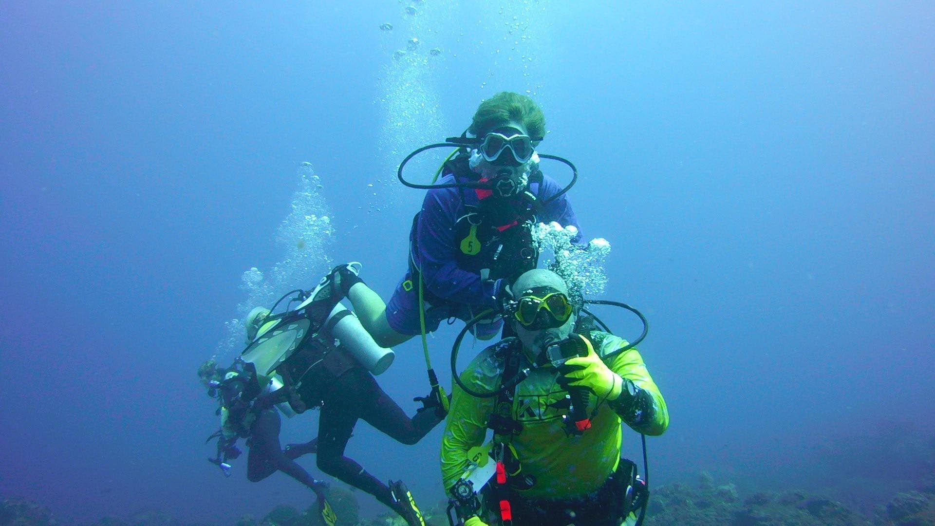Divers underwater, three visible, wearing gear, bubbles rising in clear blue water.