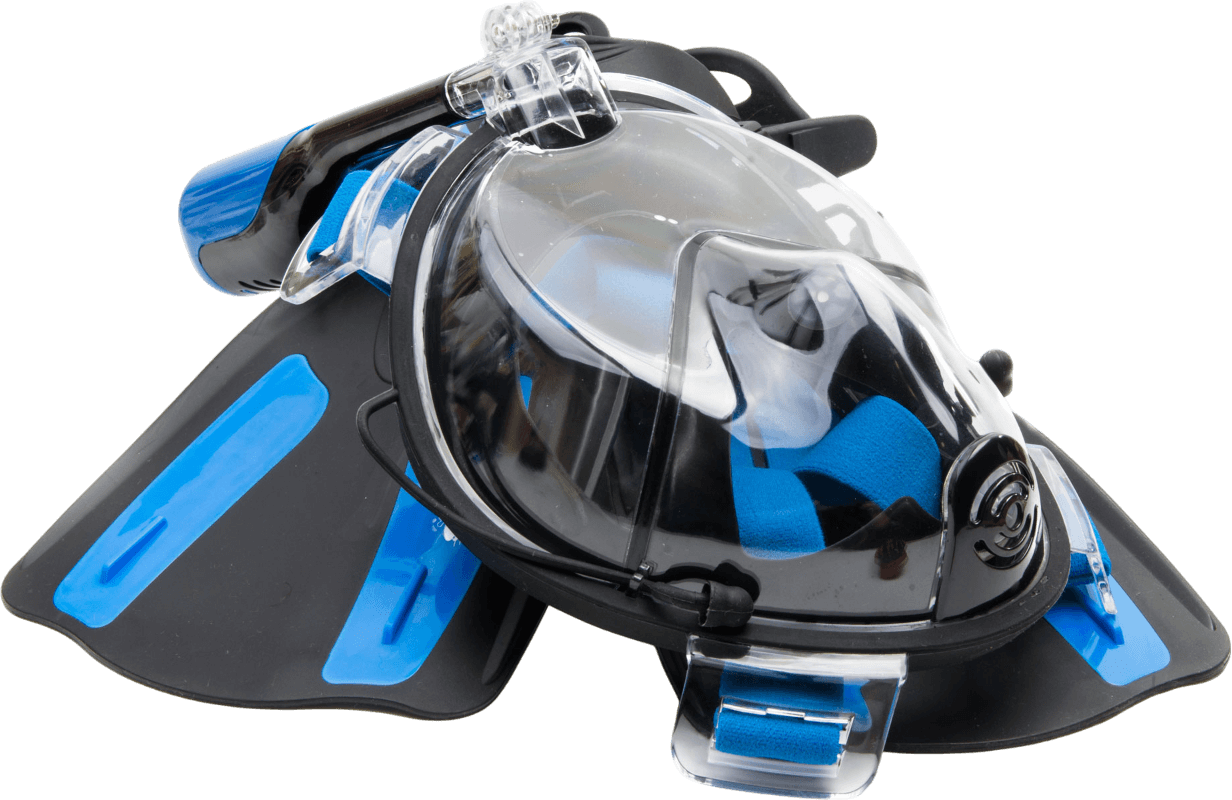 Black and blue full-face snorkeling mask with attached fins, clear visor, and snorkel tube.