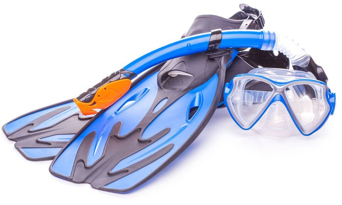 Blue and black snorkeling gear: mask, snorkel, and flippers on white background.