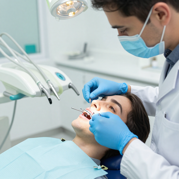 Mujer sonriente sosteniendo alineadores dentales transparentes sobre un fondo azul suave.