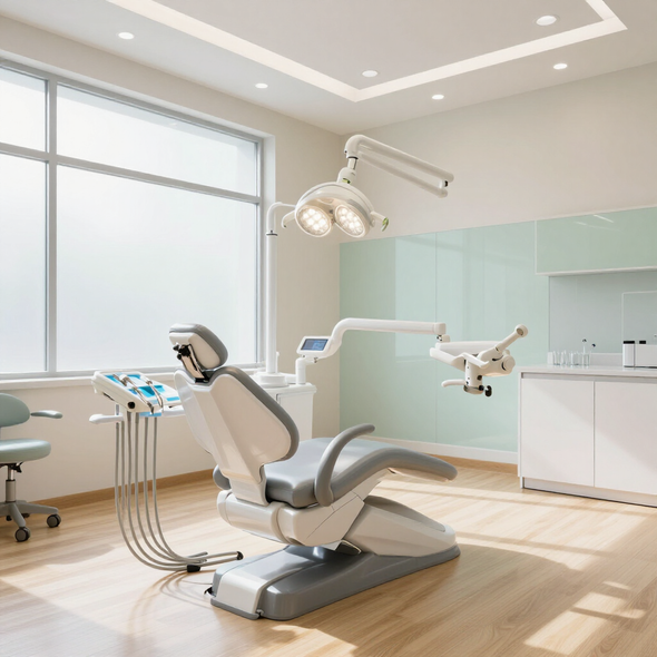 Durante un examen, un dentista le muestra a un paciente sonriente un modelo dental.