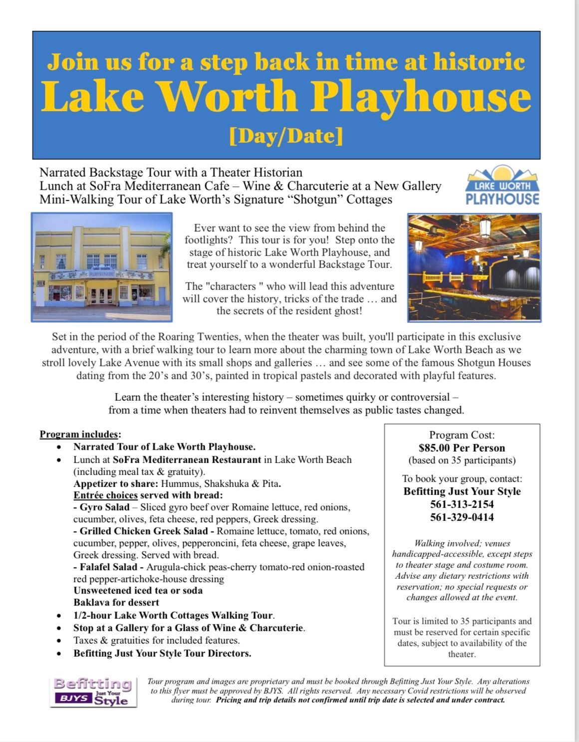 A flyer that says join us for a step back in time at historic lake worth playhouse