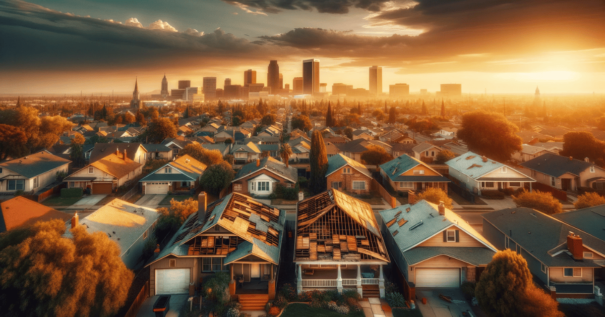 Golden hour view of a residential neighborhood in Fresno with several houses showcasing damaged roofs in need of replacement, against the backdrop of the city's well-maintained skyline, emphasizing the urgency of home maintenance and renewal