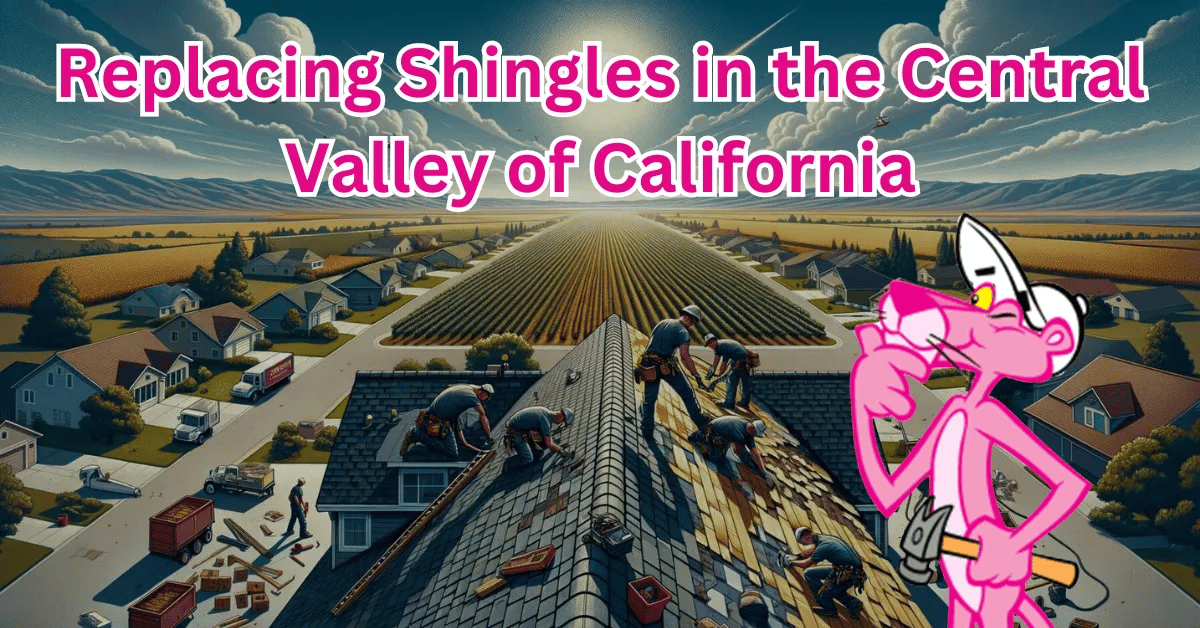 A team New View Roofing - professional roofers replaces shingles on a residential home in the Central Valley of California, under a clear, sunny sky with agricultural fields in the background. Owens Corning.