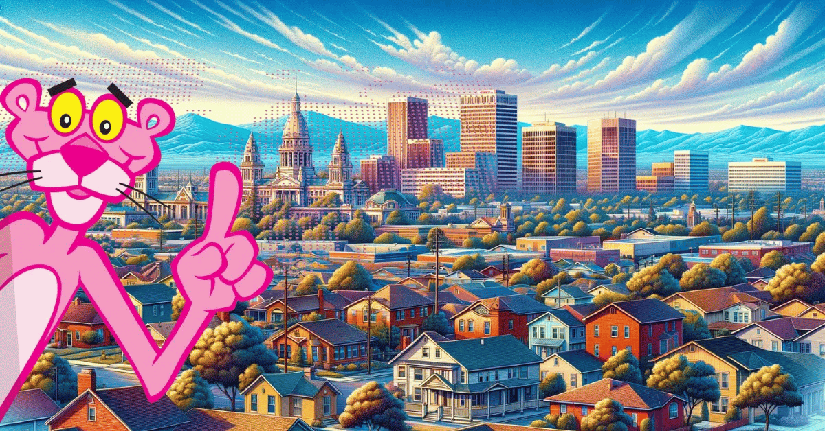 Vibrant Fresno cityscape with Owens Corning shingles on rooftops, featuring a playful, pink-hued panther navigating the scene. The detailed illustration showcases residential and commercial buildings under a clear blue sky, with the Sierra Nevada mountains in the backdrop, highlighting the durability and aesthetic appeal of Owens Corning roofing materials.