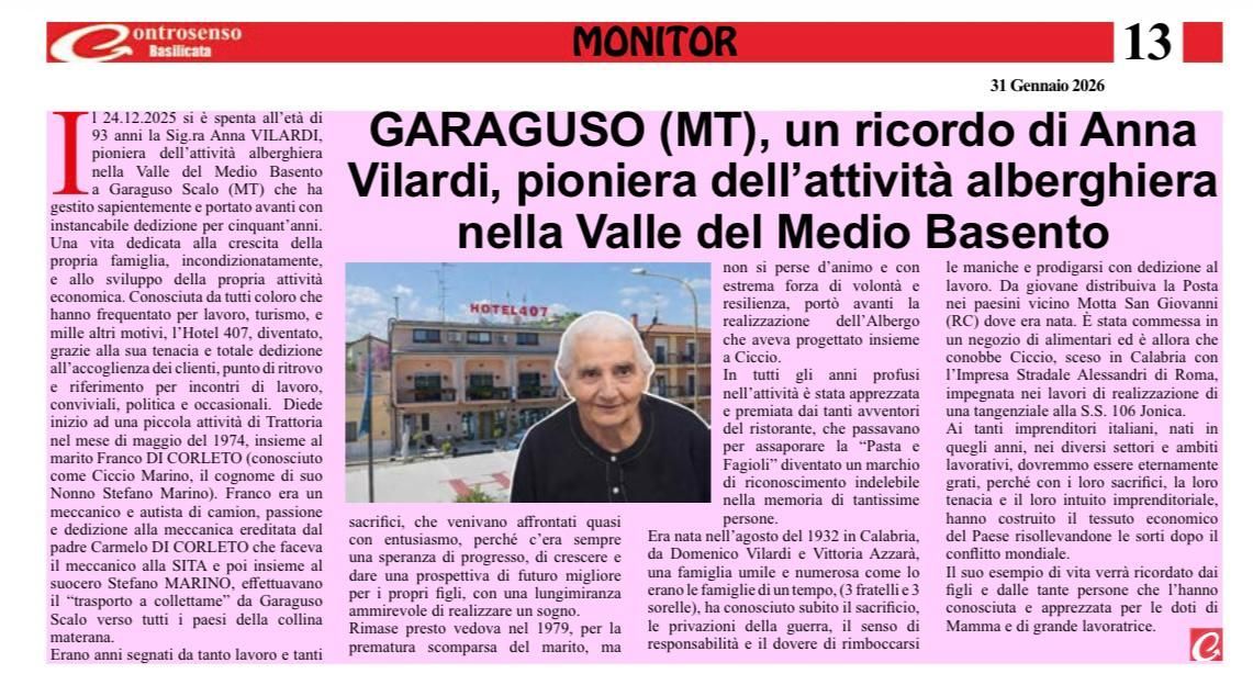 Articolo di giornale su Anna Vilardi, pioniera dell'attività alberghiera nella Media Valle del Basento. Include una sua foto.