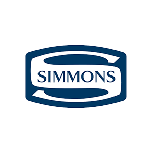 Il logo Simmons è blu e bianco su sfondo bianco.