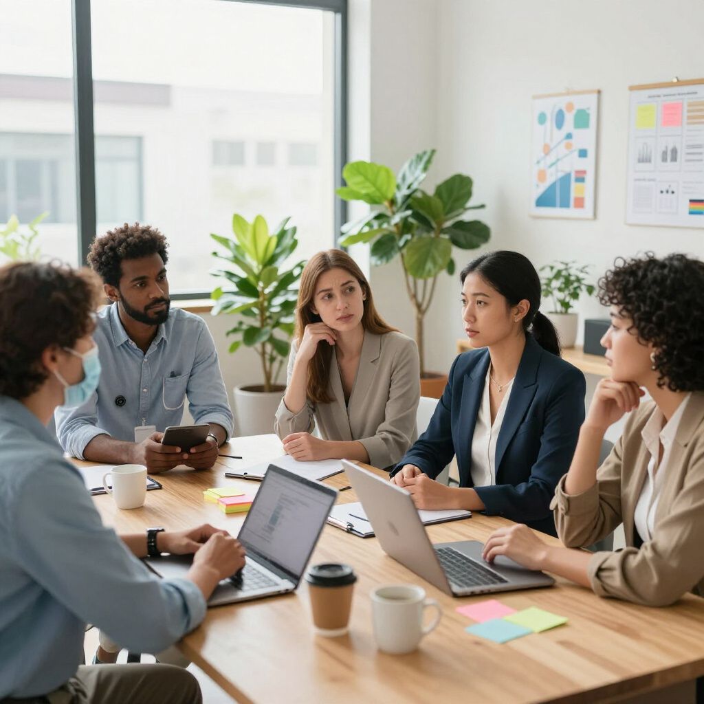 A diverse group of five professionals in a bright office collaborative meeting around a wooden table with laptops.