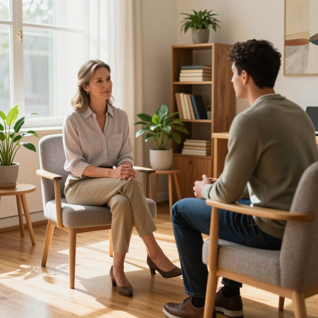 A professional therapist and a client sit in armchairs, facing each other during an indoor consultation.