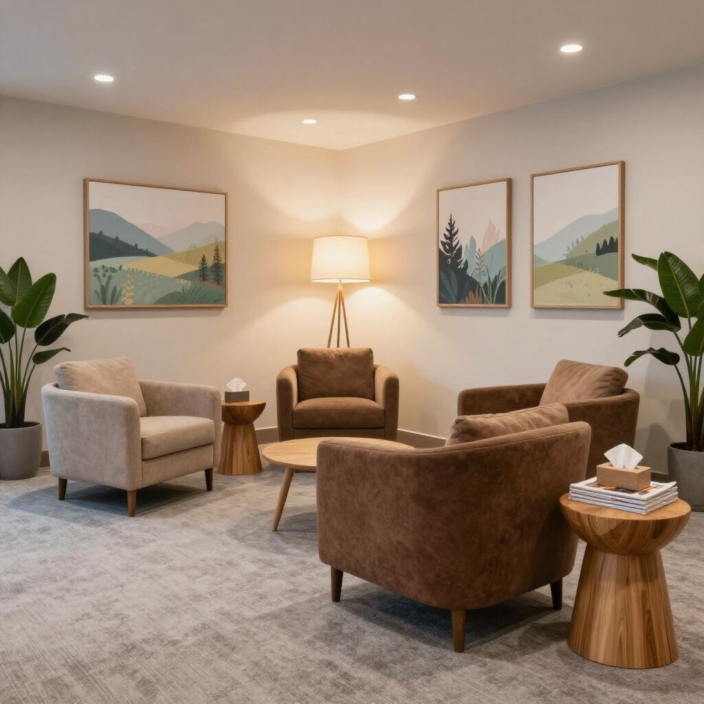 Waiting area with four chairs, a coffee table, and side tables, featuring landscape art and potted plants.