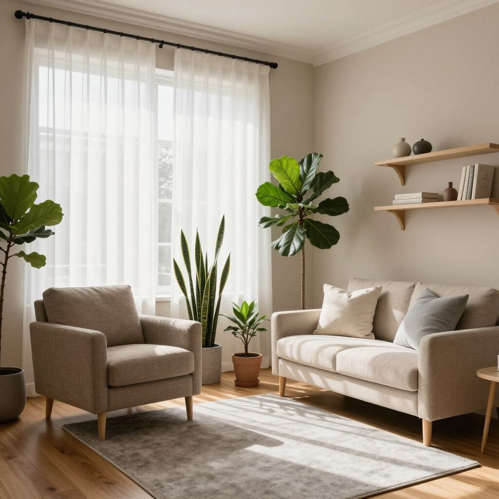 A bright living room with a beige sofa, an armchair, a gray area rug, several indoor plants, and wooden wall shelves.