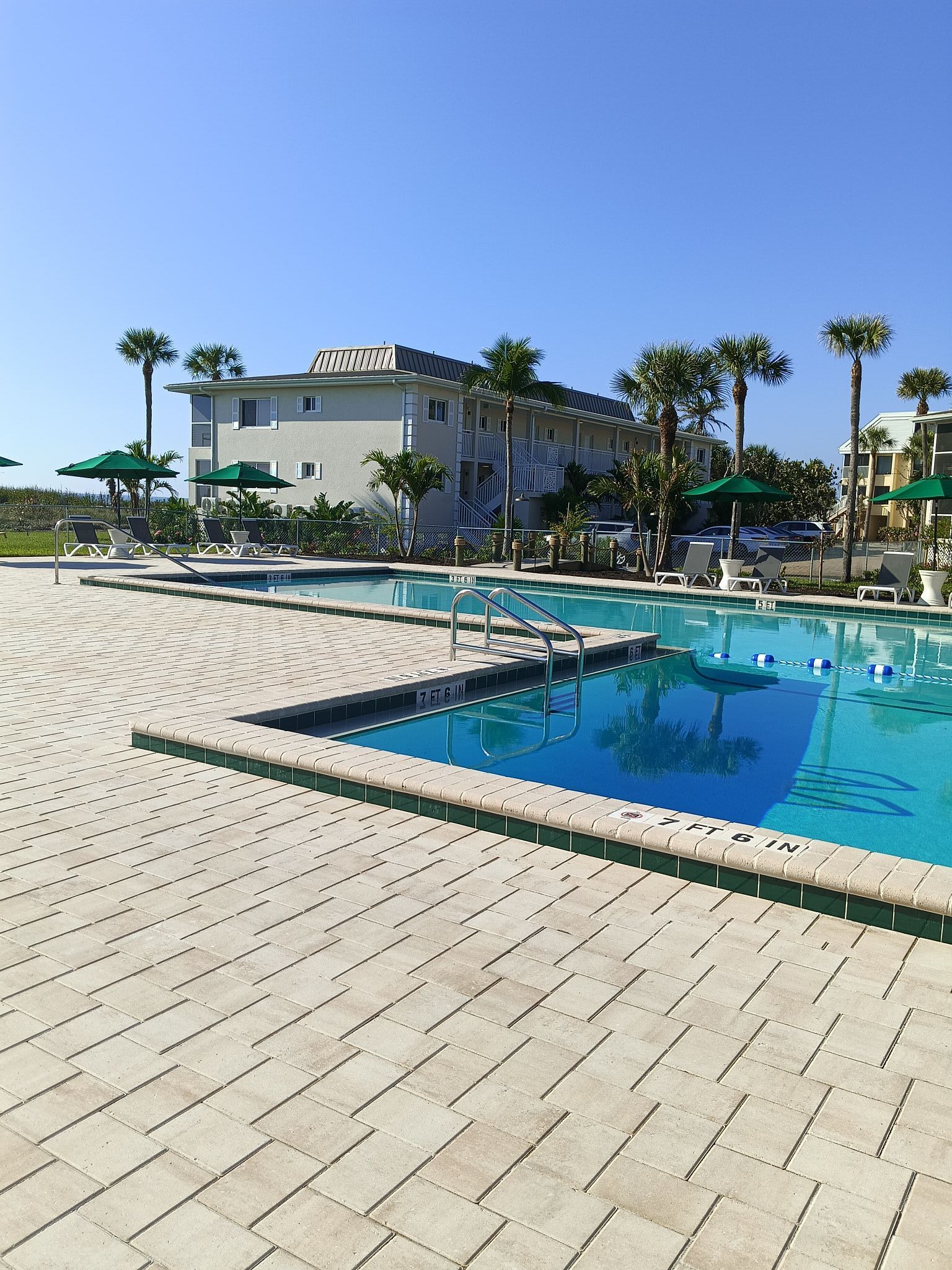 A large swimming pool surrounded by palm trees and a building.