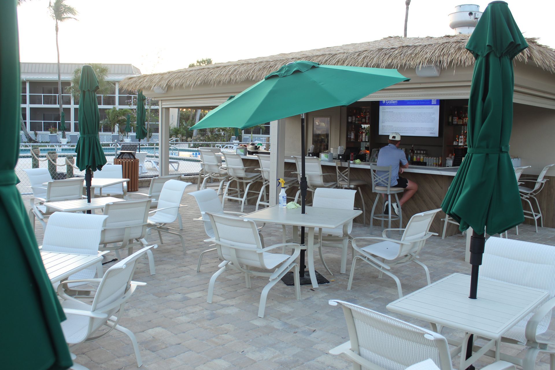 Outdoor patio seating by the pool