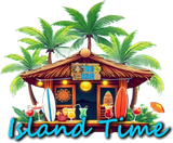 A tiki bar with palm trees and a sign that says island time