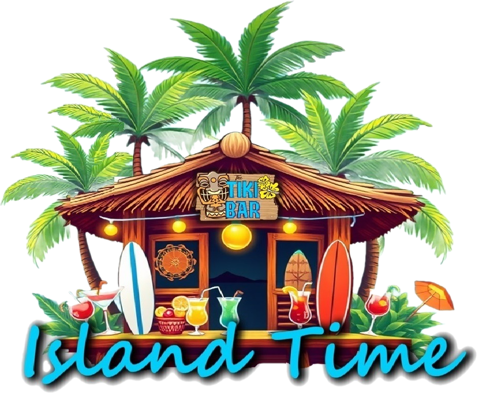 A tiki bar with palm trees and a sign that says island time