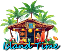 A tiki bar with palm trees and a sign that says island time