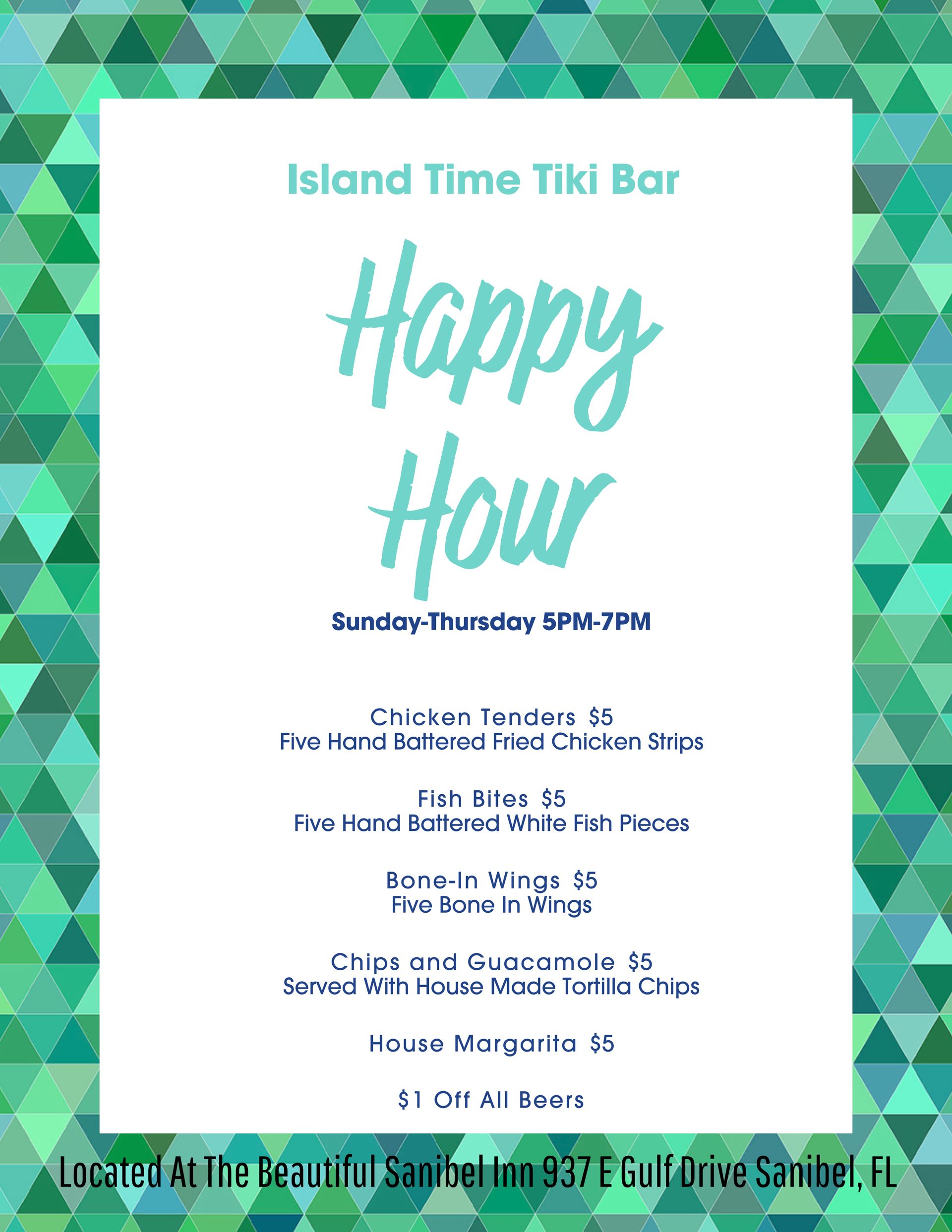 Taco Saturdays! Promotion with $7 margaritas, free chips/salsa, live music, tacos, and address on Sanibel, FL.