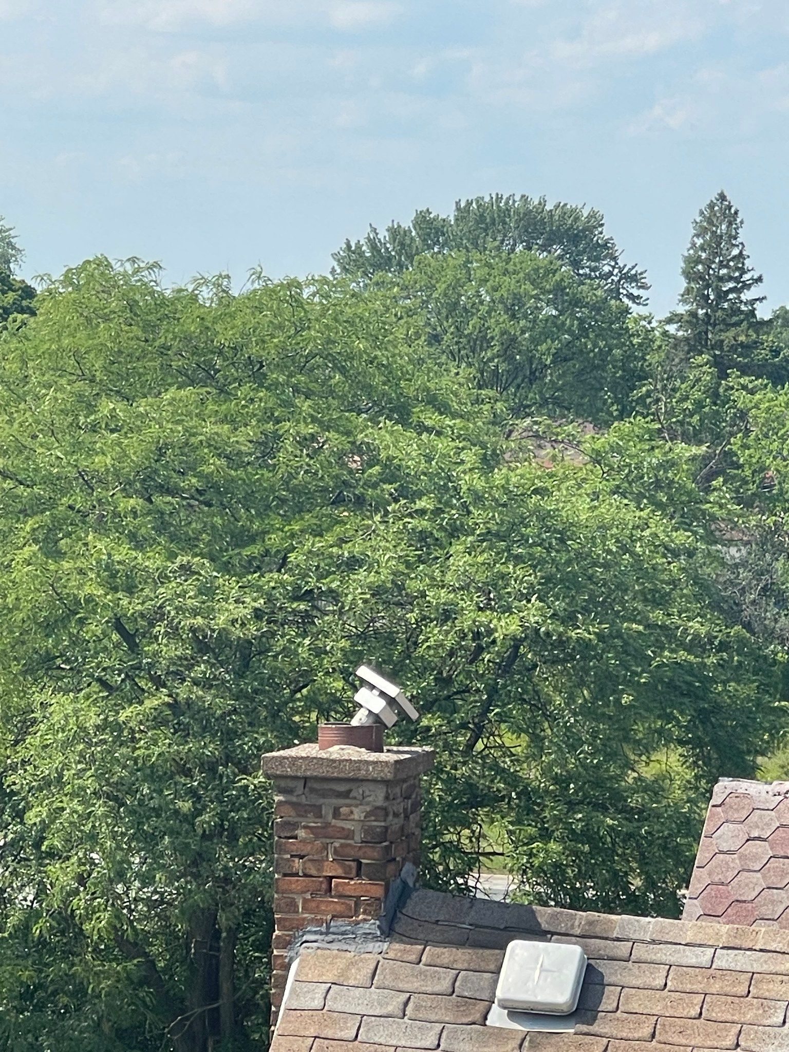 Brick chimney with a spinning cap on a rooftop, trees in the background.