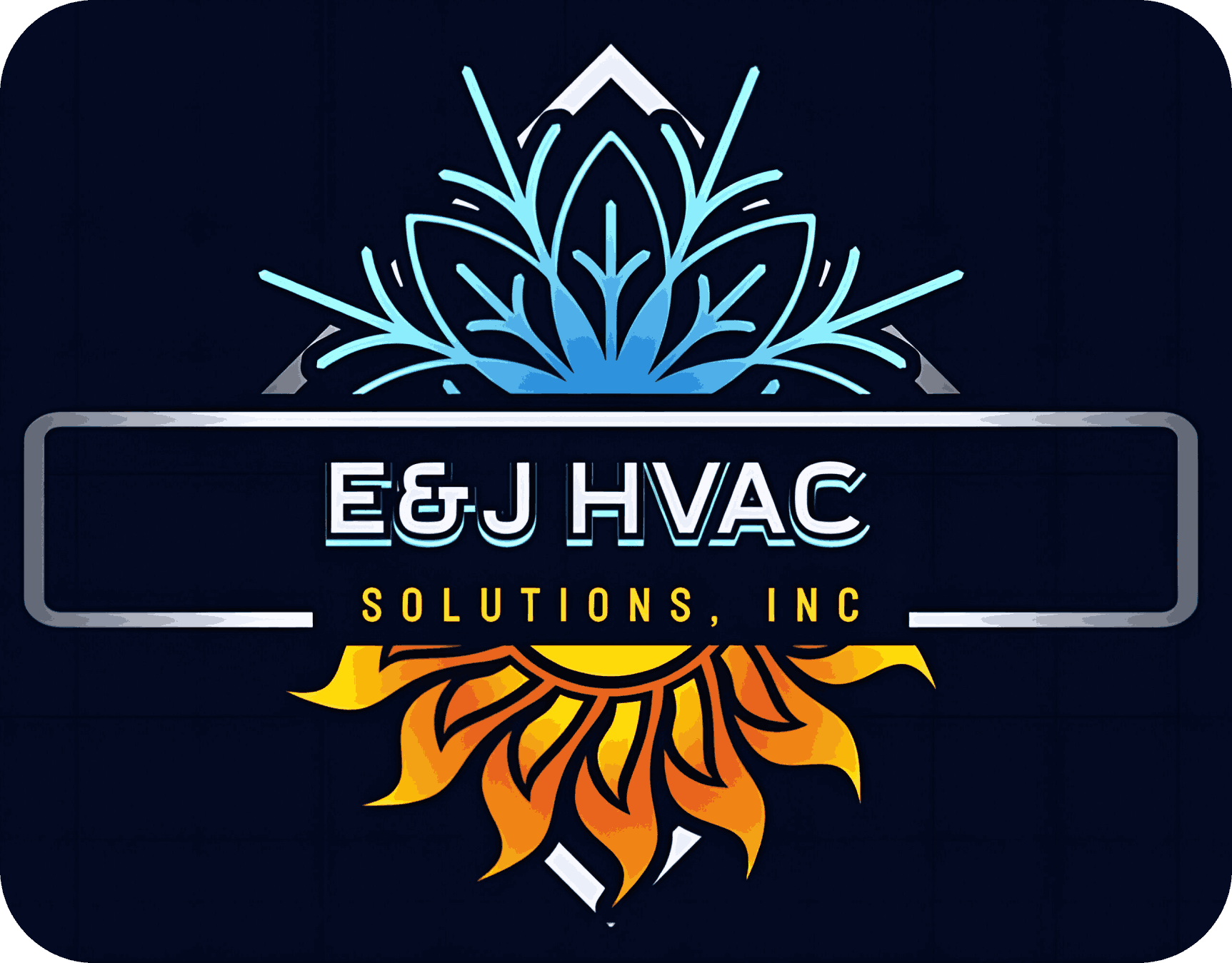 Logo for E&J HVAC Solutions, Inc. Blue and gold sun and ice designs. Text in a gray box on a navy background.