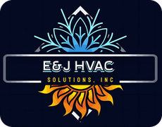 Logo for E&J HVAC Solutions, Inc. Blue and gold sun and ice designs. Text in a gray box on a navy background.