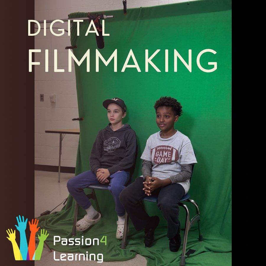 Two children seated in front of a green screen. Text reads