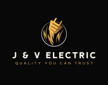 Logo for J & V Electric, featuring a lightning bolt and plug icon, gold on black background. "Quality You Can Trust."