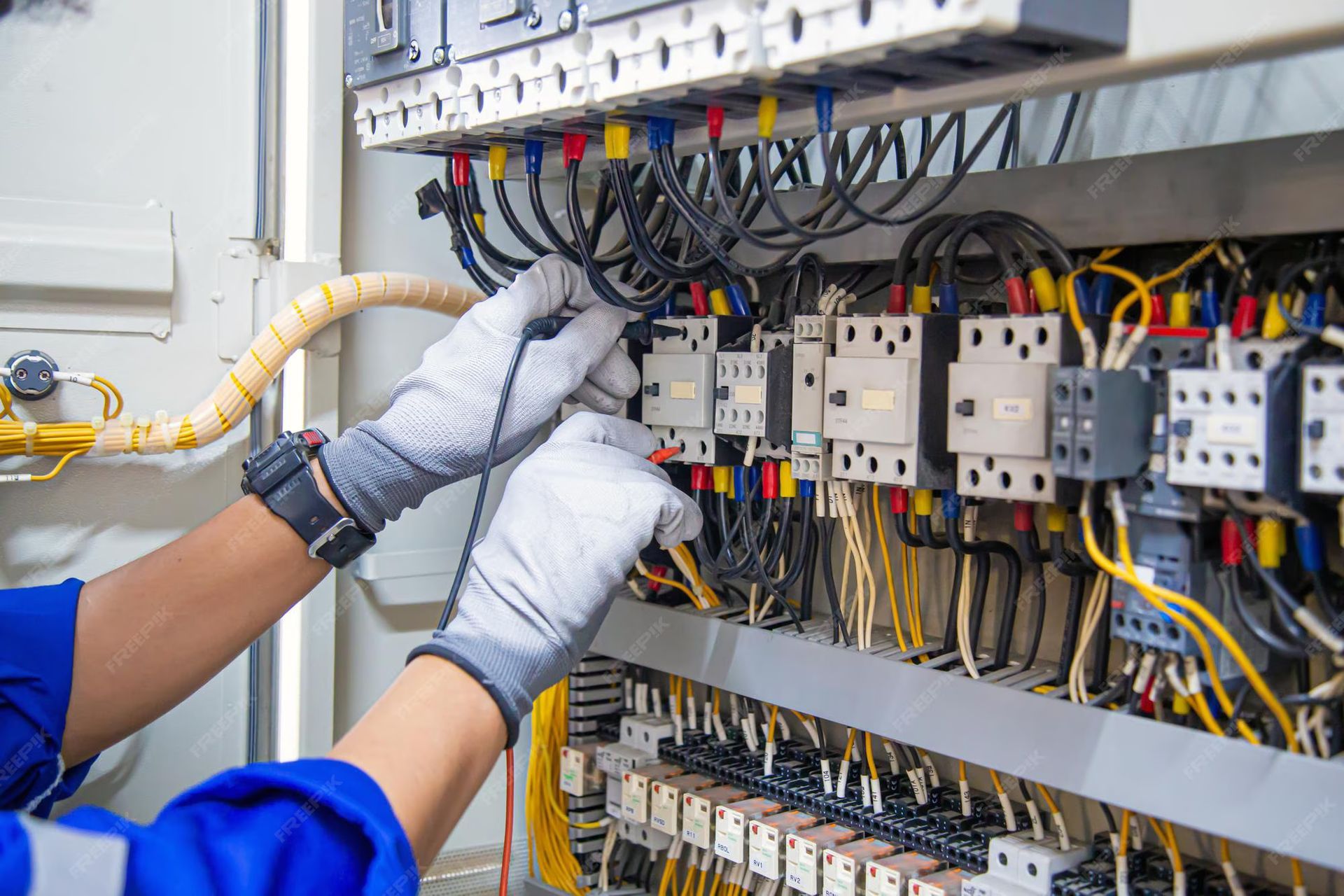 A man wearing gloves is working on an electrical box.