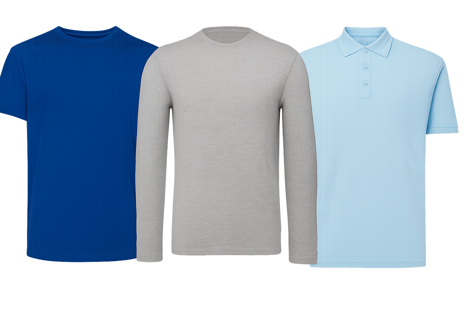 Tre camicie da uomo: blu a maniche corte, grigia a maniche lunghe e polo azzurra.