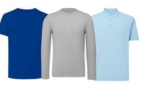 Tre camicie da uomo: blu a maniche corte, grigia a maniche lunghe e polo azzurra.