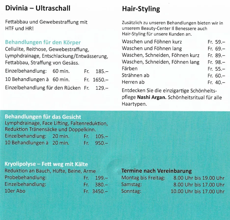 Ein Flyer für Divinia Ultraschall und Haarstyling