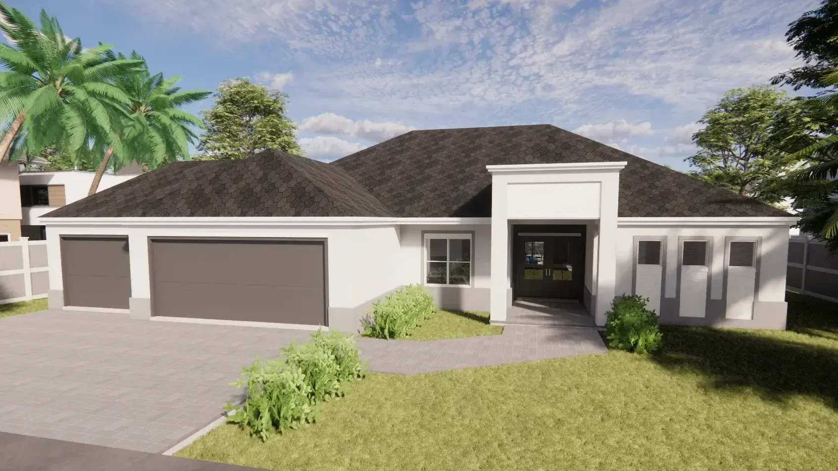 White one-story house with a dark roof, garage, and landscaping against a blue sky.