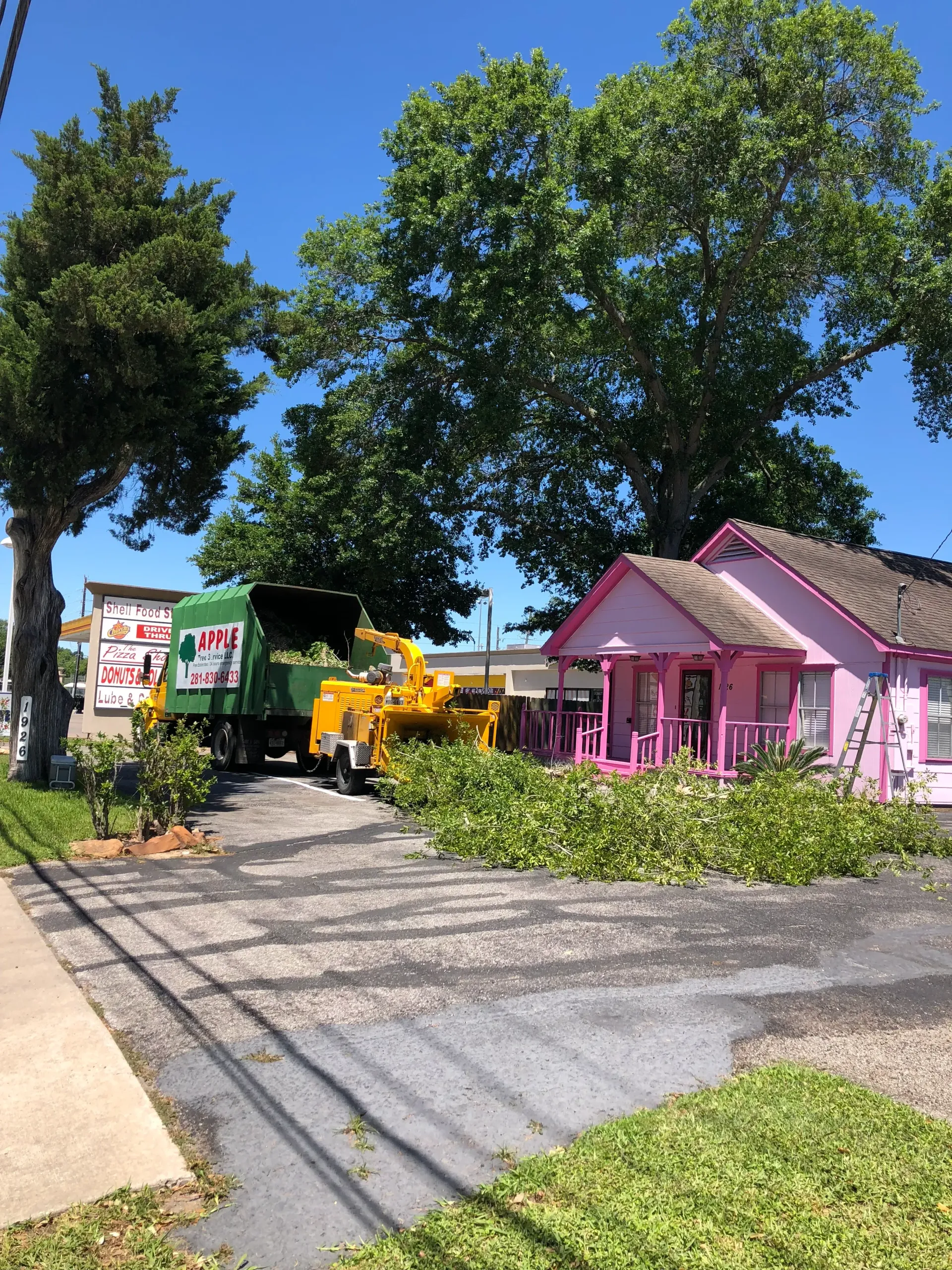 A tree-trimming truck with wood chipper in front of a pink building; tree branches lie on pavement.