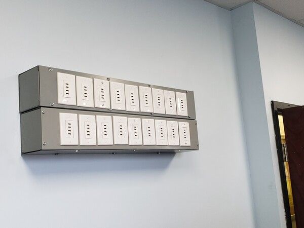 A wall with a bunch of white boxes on it