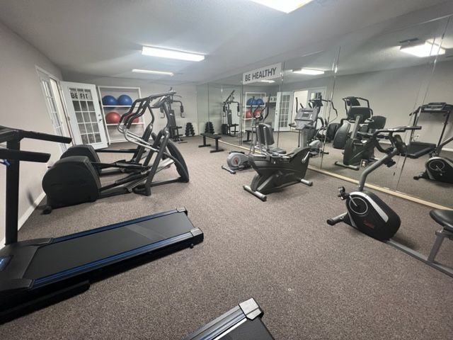 Home gym with cardio machines: treadmill, elliptical, bikes. Mirrors on wall, exercise balls, and carpet flooring.